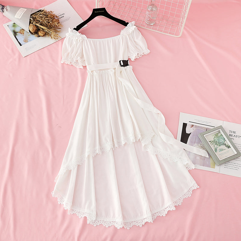 Narrow waist, thin bubble sleeve temperament, sweet white irregular skirt  4194