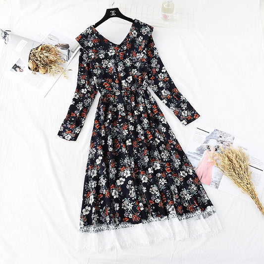 French retro super fairy lace patchwork Floral Dress  4002