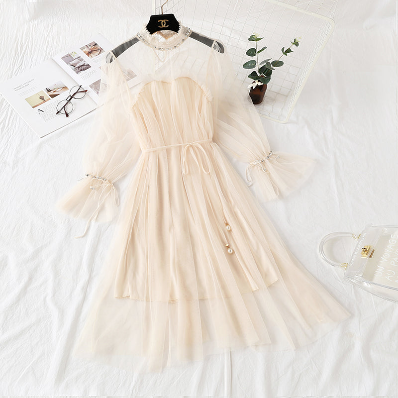 Mesh dress with Beaded long sleeve lace  4307