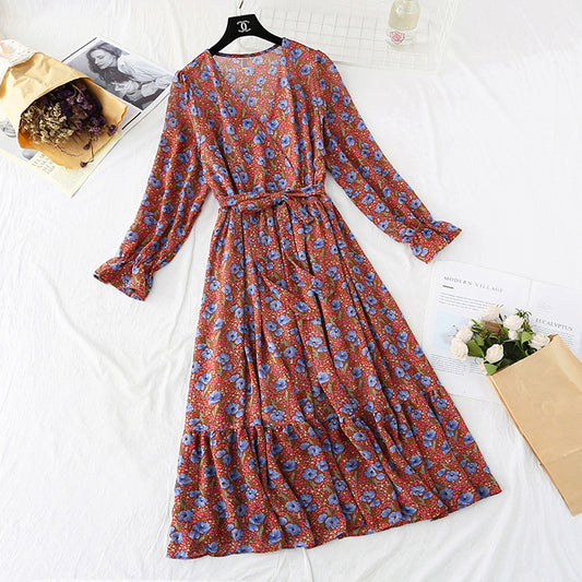 V-neck floral skirt with a slim waist and a long skirt with a large swing  4029