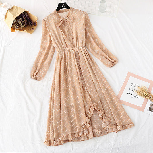 French retro wave dot sweet bottomed long skirt  3976