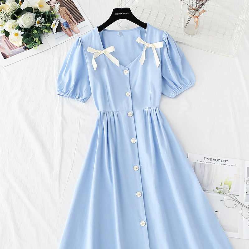 New French bow princess skirt bubble sleeve small skirt long  4247