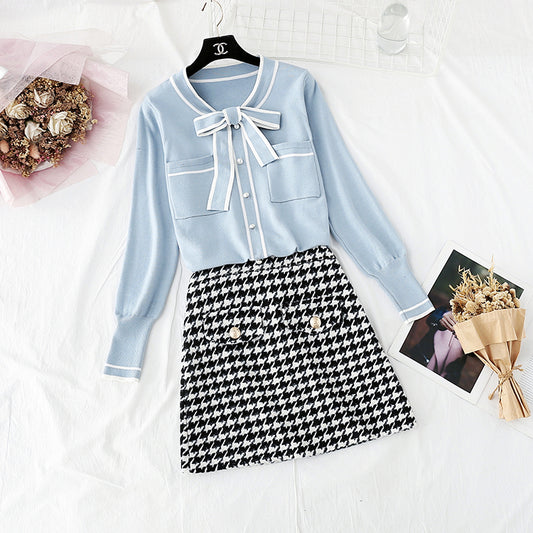 Knitwear + tweed skirt two piece dress   3951