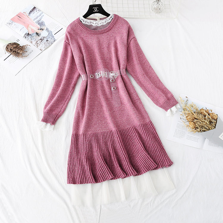 Knitted over knee wool dress with mesh inner skirt  3999