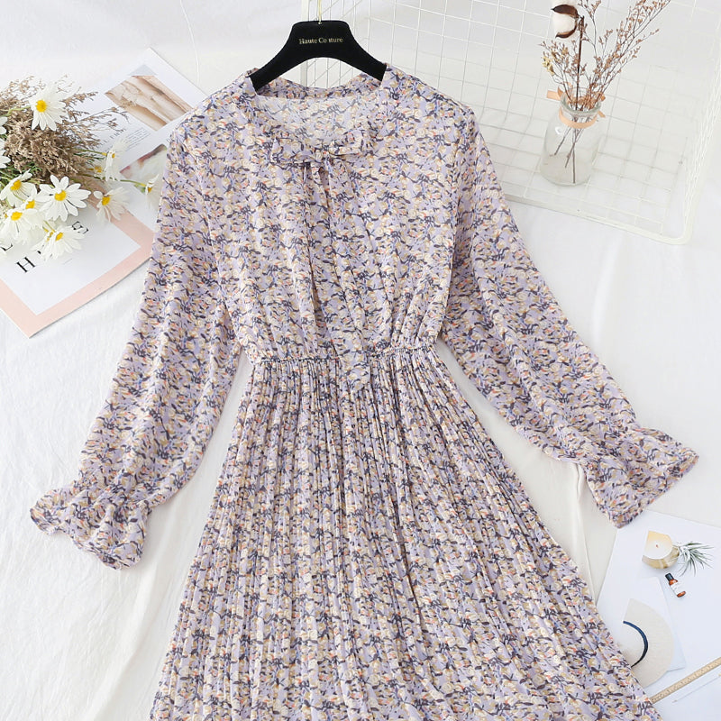 Chiffon bow pleated skirt elastic waist temperament thin age reducing Floral Dress  4087