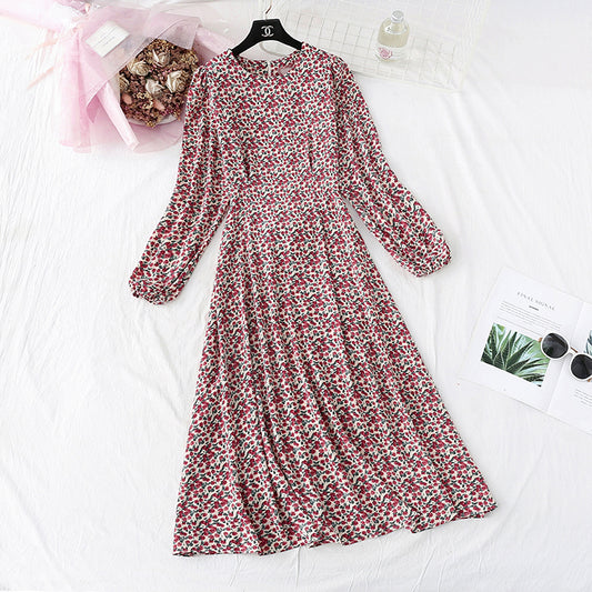 French retro super fairy broken flower bottomed long skirt with thin waist  4007