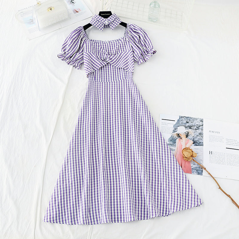 Narrow waist, thin temperament, bubble sleeve design, minority French retro plaid skirt  4214