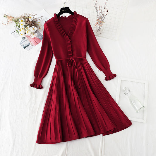 Slim lace up Knit Skirt over the knee style Christmas skirt  4071