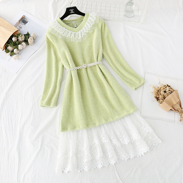 Mink plush fur sweet Ruffle lace stitched bottomed skirt  3953