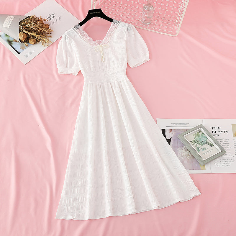 Jupe à col carré en perles avec taille fine Robe française 4190