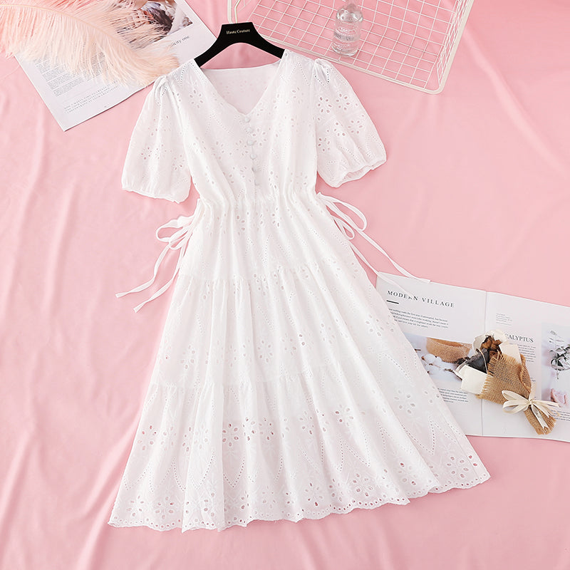 Hook embroidery French retro waist closing long skirt with thin temperament  4221