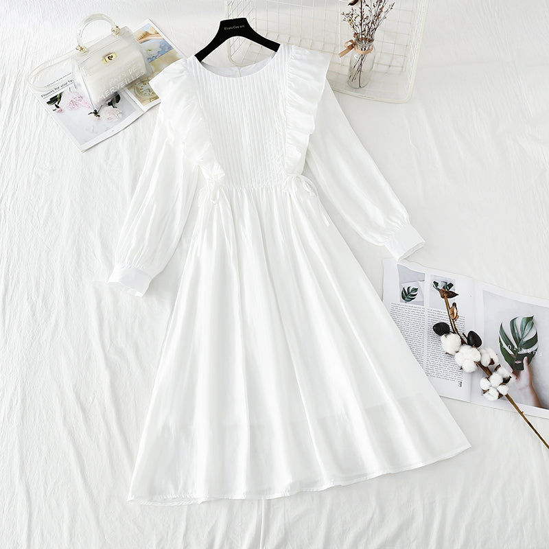 Long sleeved white dress French simple temperament  4225