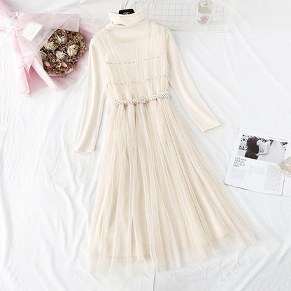 Mesh vest skirt + high neck bottomed shirt two-piece set  4376