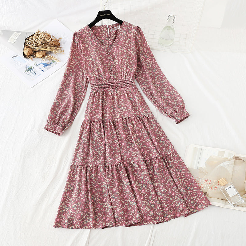 V-neck elastic waist covering belly, thin broken flower bottomed skirt  4057