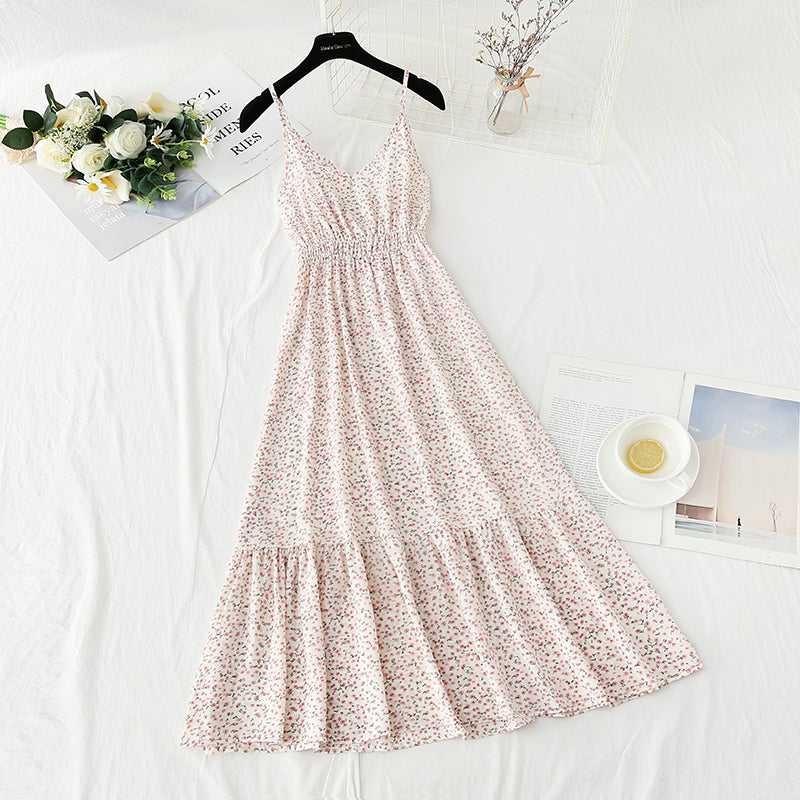 New sweet floral skirt French retro suspender dress  4123