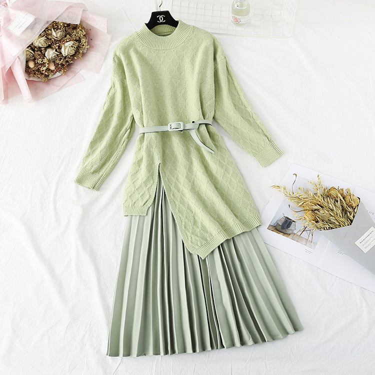 Knee knitted sweater pleated skirt two piece set  4463