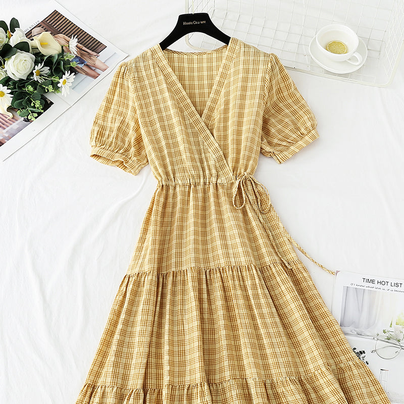 French retro V-neck dress with slim waist  4269