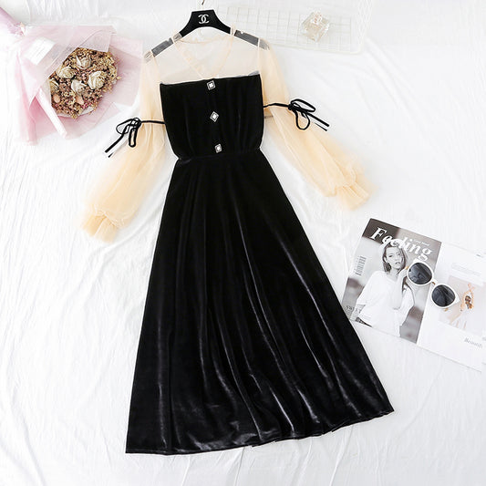 Vintage mesh stitched golden velvet skirt fairy super fairy series  4034