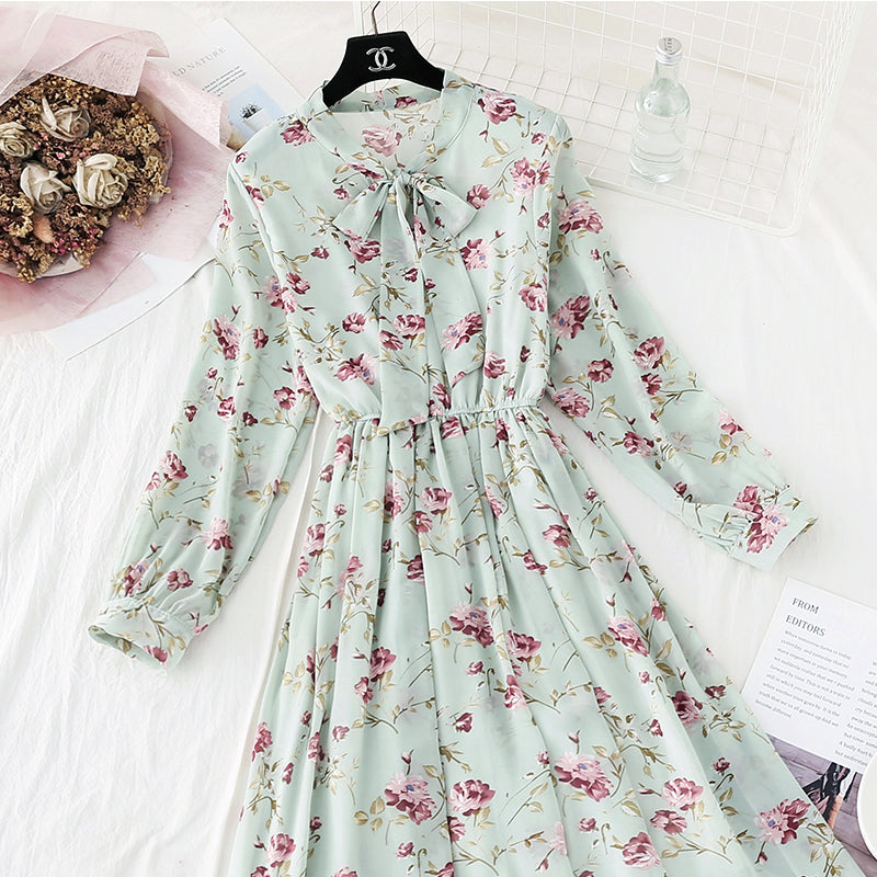 New French style long sleeve Floral Chiffon Skirt  4444