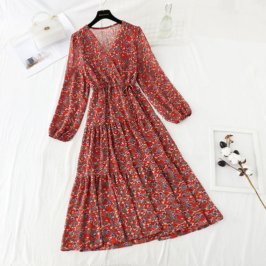 V-neck lace up waist Floral Dress  4062