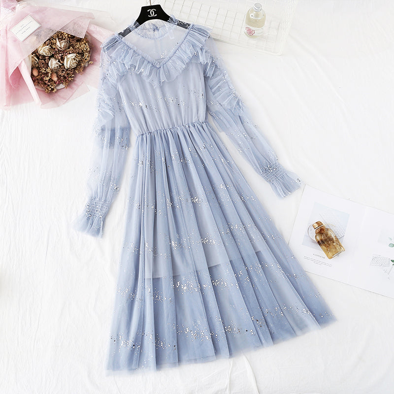 Fairy Sequin gauze dress Ruffle suspender  4321