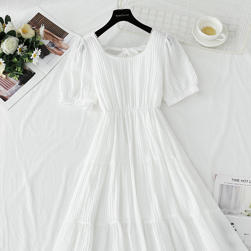 Robe en coton et lin à col carré français 4275