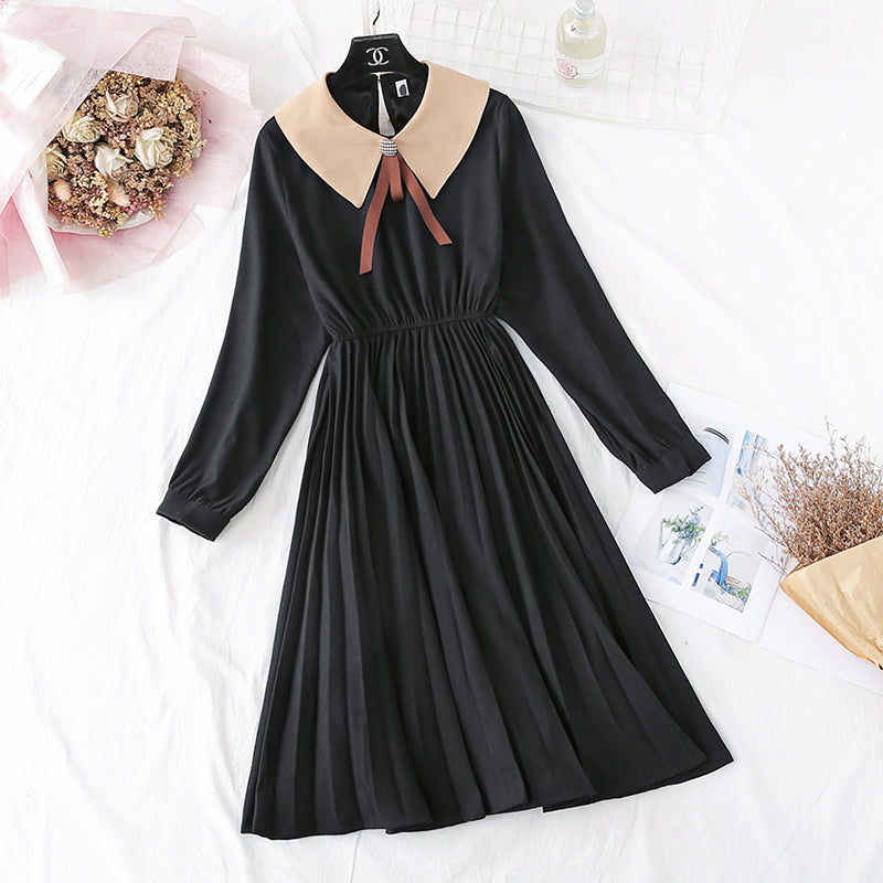 New sweet doll neck French retro pleat with a long skirt at the bottom  3908