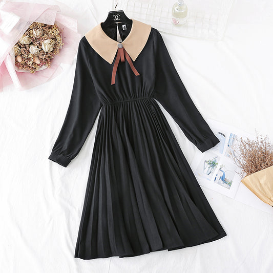 New sweet doll neck French retro pleat with a long skirt at the bottom  3908