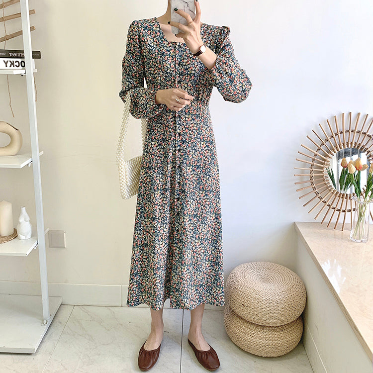 Knee thin lace up square neck fairy Vintage Floral Dress  3911