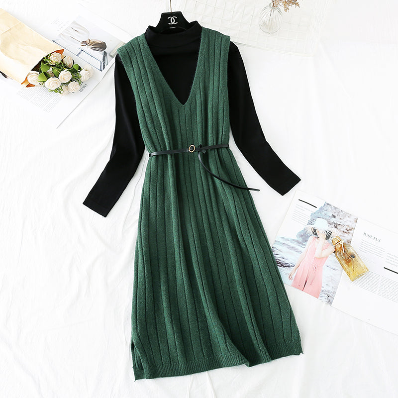 Bottomed shirt + knee length woolen dress set  4461