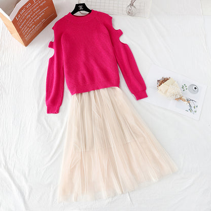 Off shoulder Pullover Sweater + mesh skirt  3947