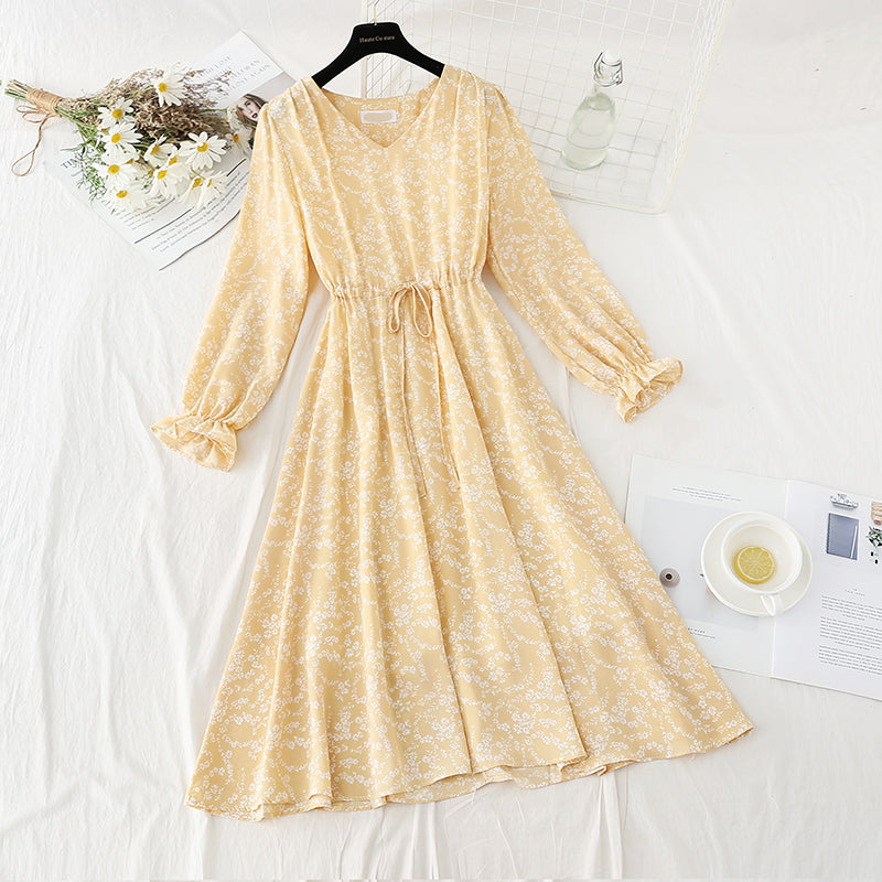 Chiffon floral dress with slim waist and gentle lady skirt  4091
