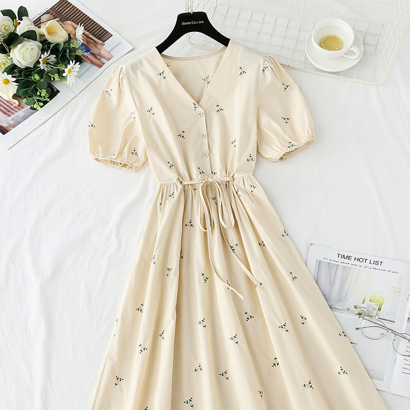 Cotton linen dress embroidered first love tea break skirt  4273