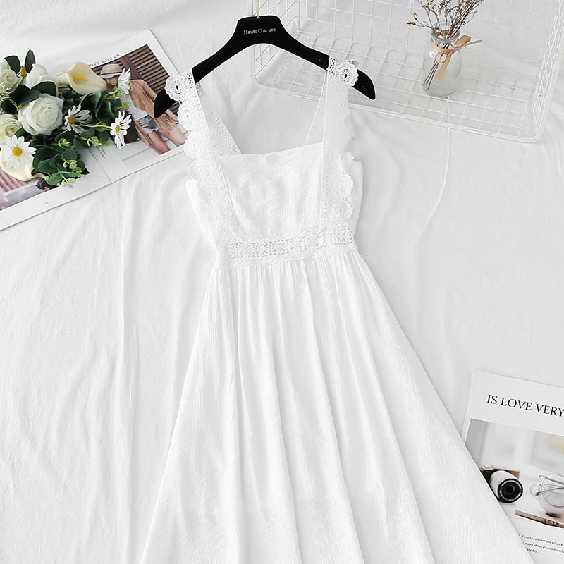Baumwoll-Leinen-Kleid Französisches Retro-Strapskleid 4263