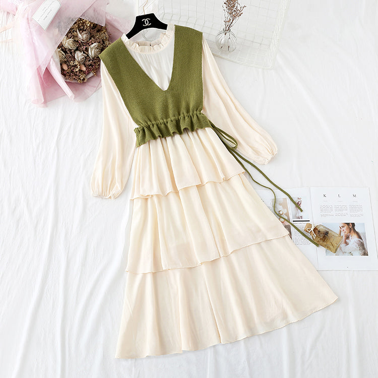 Knitted vest bottomed cake long skirt two-piece suit foreign style  3928