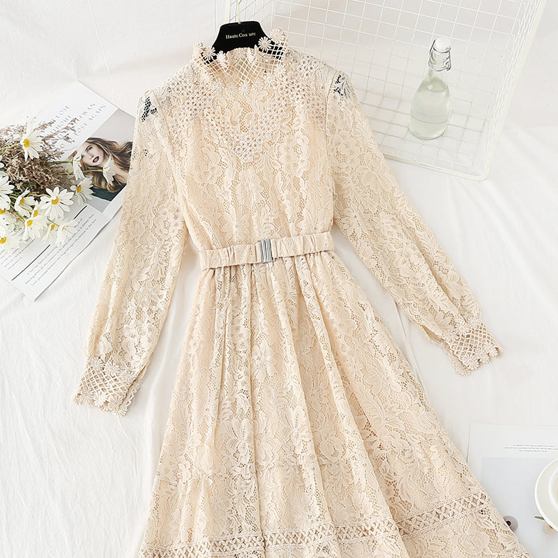 Stitched lace dress gentle style slim temperament bottomed skirt women  4094
