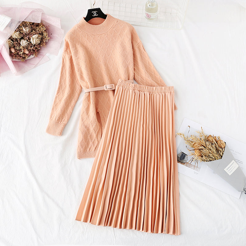 Ensemble deux pièces pull tricoté au genou et jupe plissée 3962