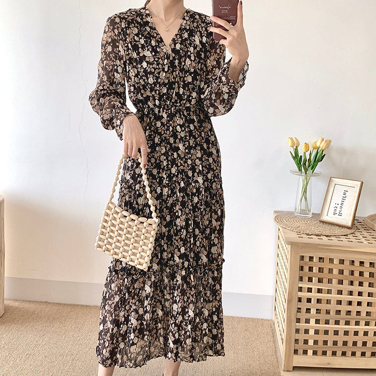 Thin V-neck pleated retro gentle wind over knee floral skirt  3910