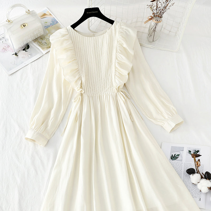 Long sleeved white dress French simple temperament  4225