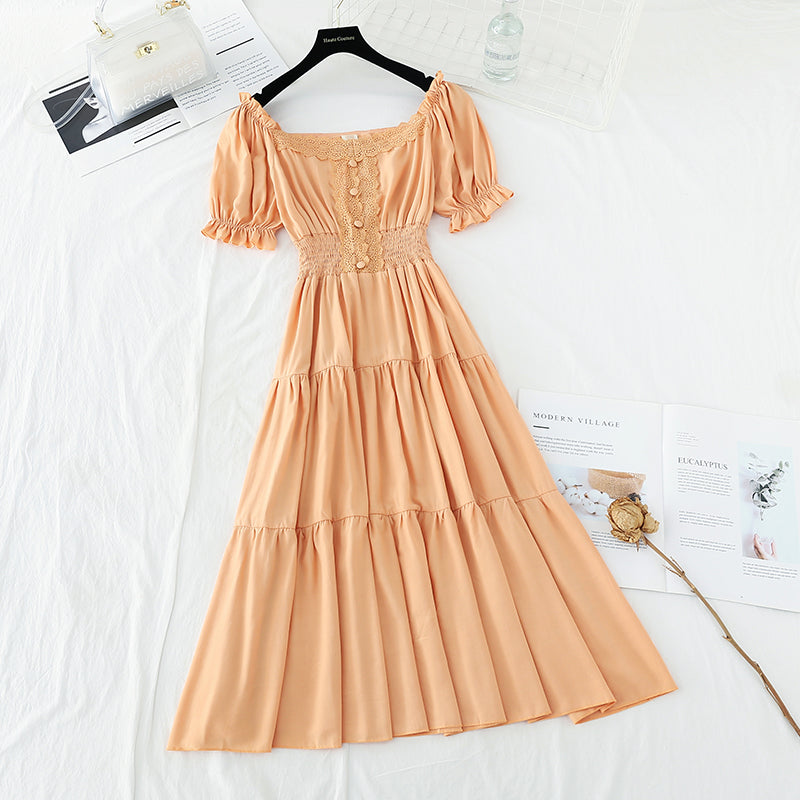 Bubble sleeve cotton linen dress lace edge French retro long skirt  4179