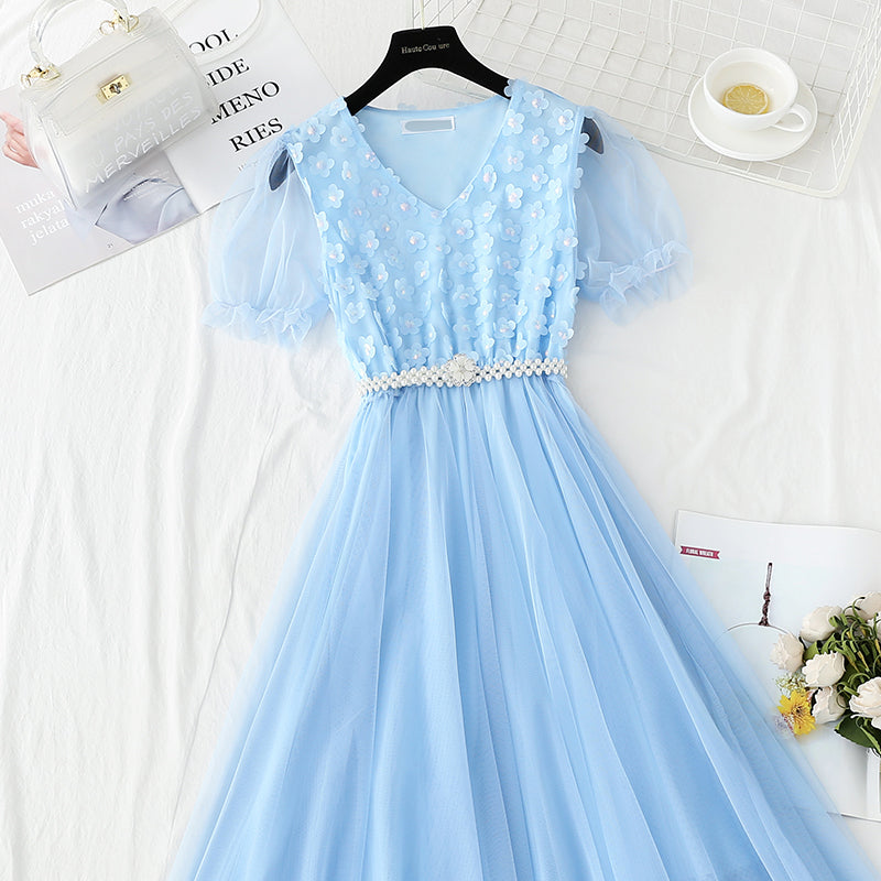 Temperament: slim waist with lace mesh long skirt  4420