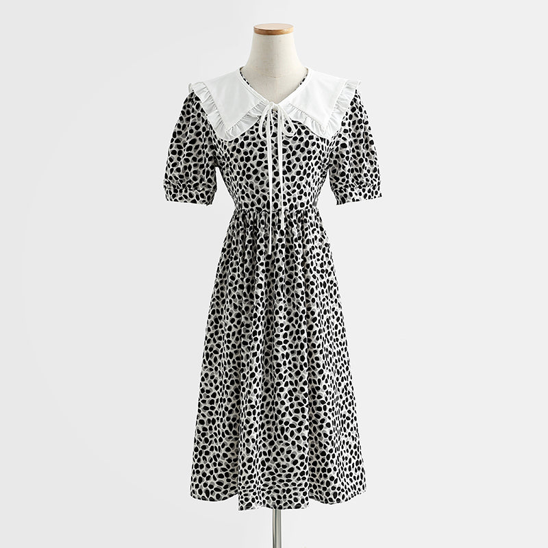 French retro doll neck cotton linen Floral Dress  4290