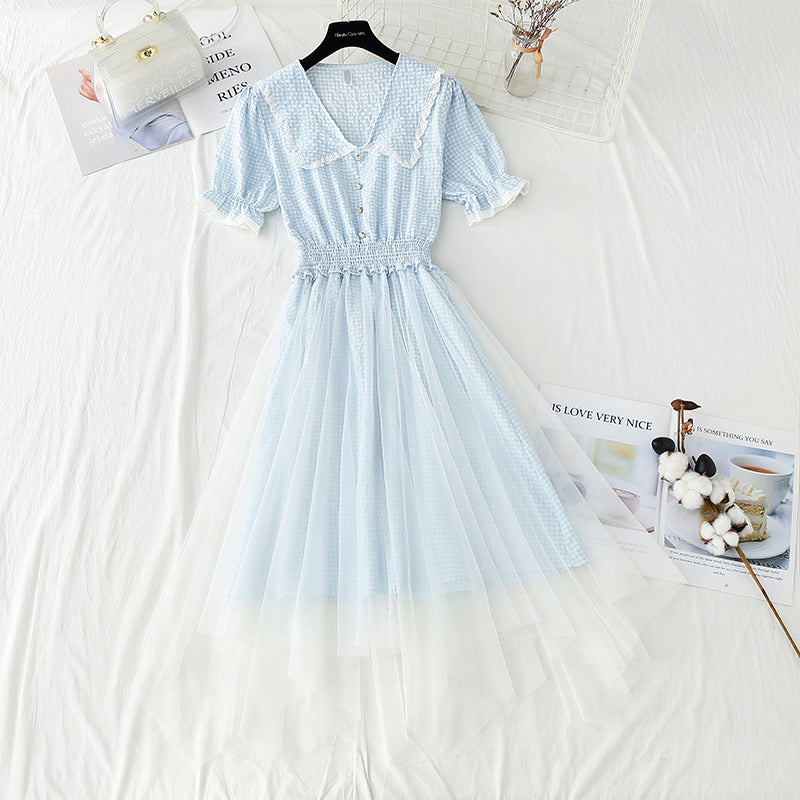 Cotton linen dress new small fresh lattice fairy skirt  4252