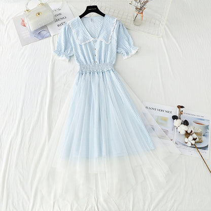 Cotton linen dress new small fresh lattice fairy skirt  4252