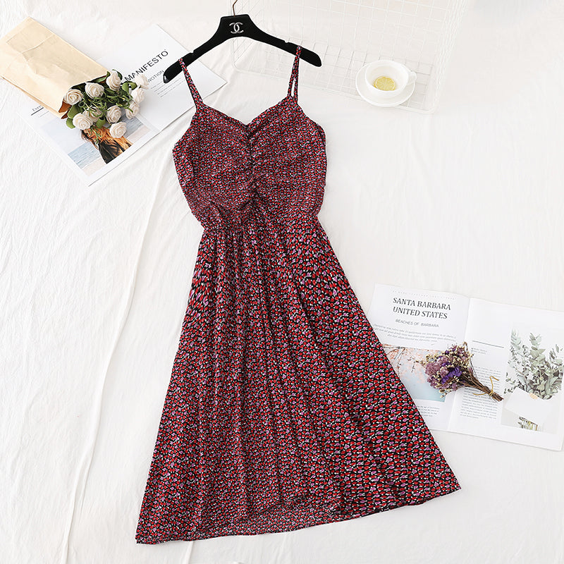 Broken flower suspender dress, super xiansen French style, slim waist  4111