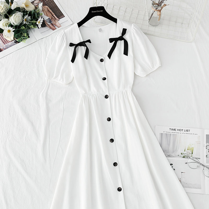 New French bow princess skirt bubble sleeve small skirt long  4247