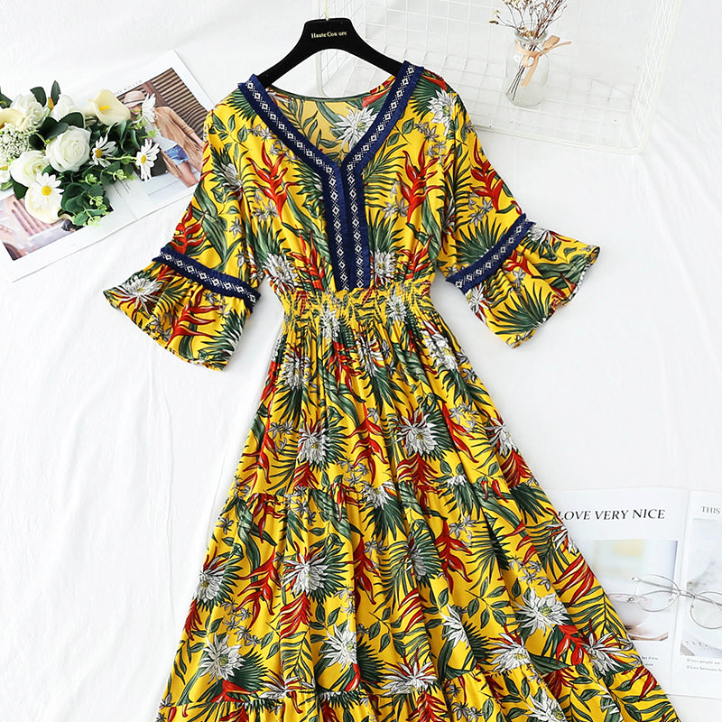 V-neck temperament slim waist long skirt seaside resort beach skirt  4257