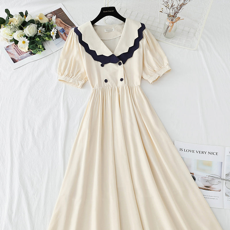 French retro doll collar bubble sleeve waist closing tea break skirt  4268