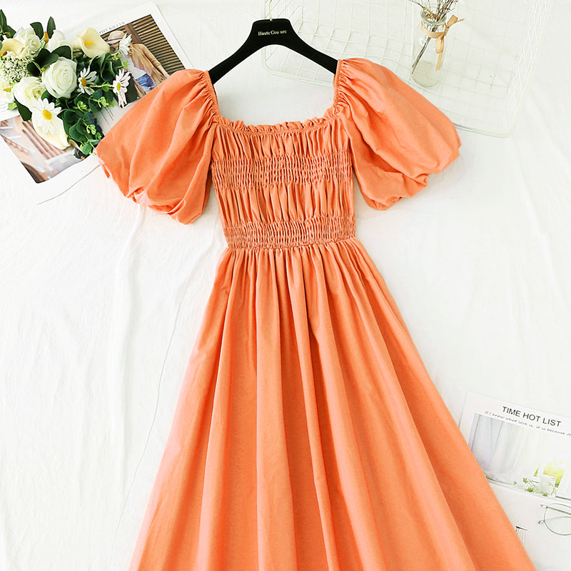 New French square neck off shoulder bubble sleeve cotton linen dress  4255