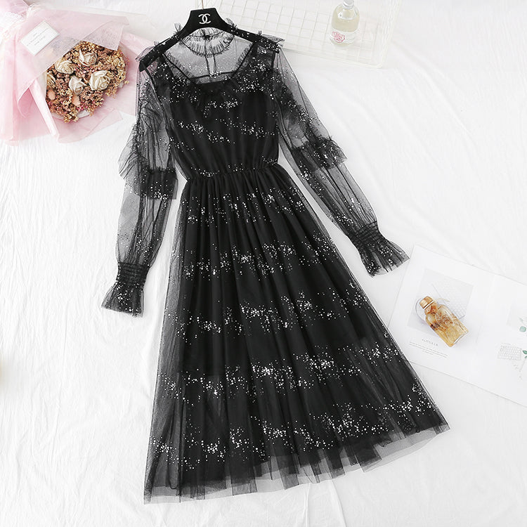 Fairy Sequin gauze dress Ruffle suspender  4321